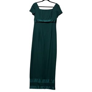 Von Bramlett Green Satin Detail Short Sleeve Square Neck Formal Maxi Dress Sz 10